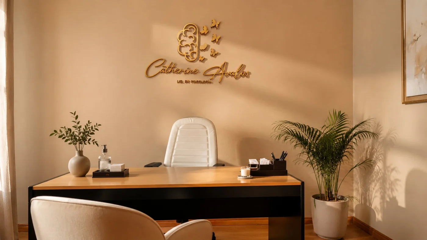 Consultorio de Catherine Ávalos: escritorio de madera, biblioteca y logo dorado en la pared