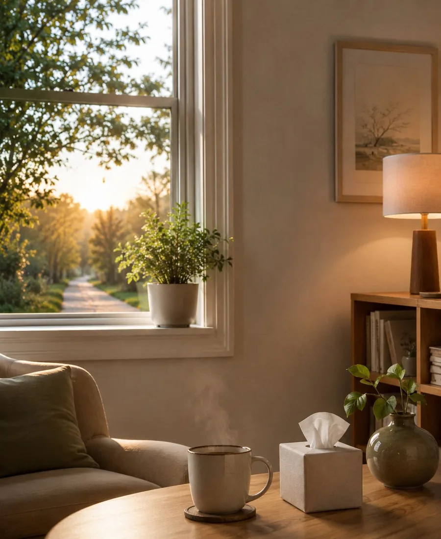 Sendero iluminado por amanecer · representación visual de transición hacia una nueva etapa