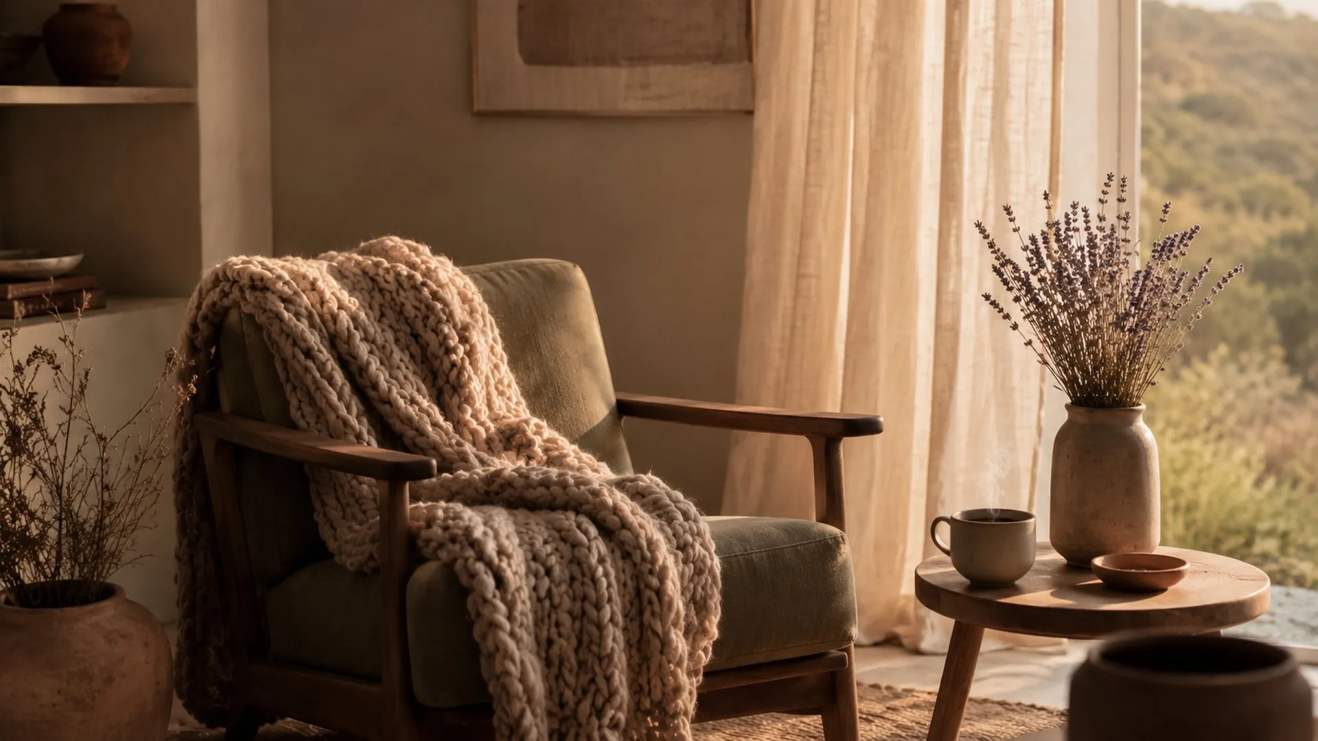 Interior cálido con sillón verde olivo, manta de lana cruda colgando, taza humeante y ramo de lavanda seca en luz dorada · símbolo visual de espacio habitable y refugio seguro