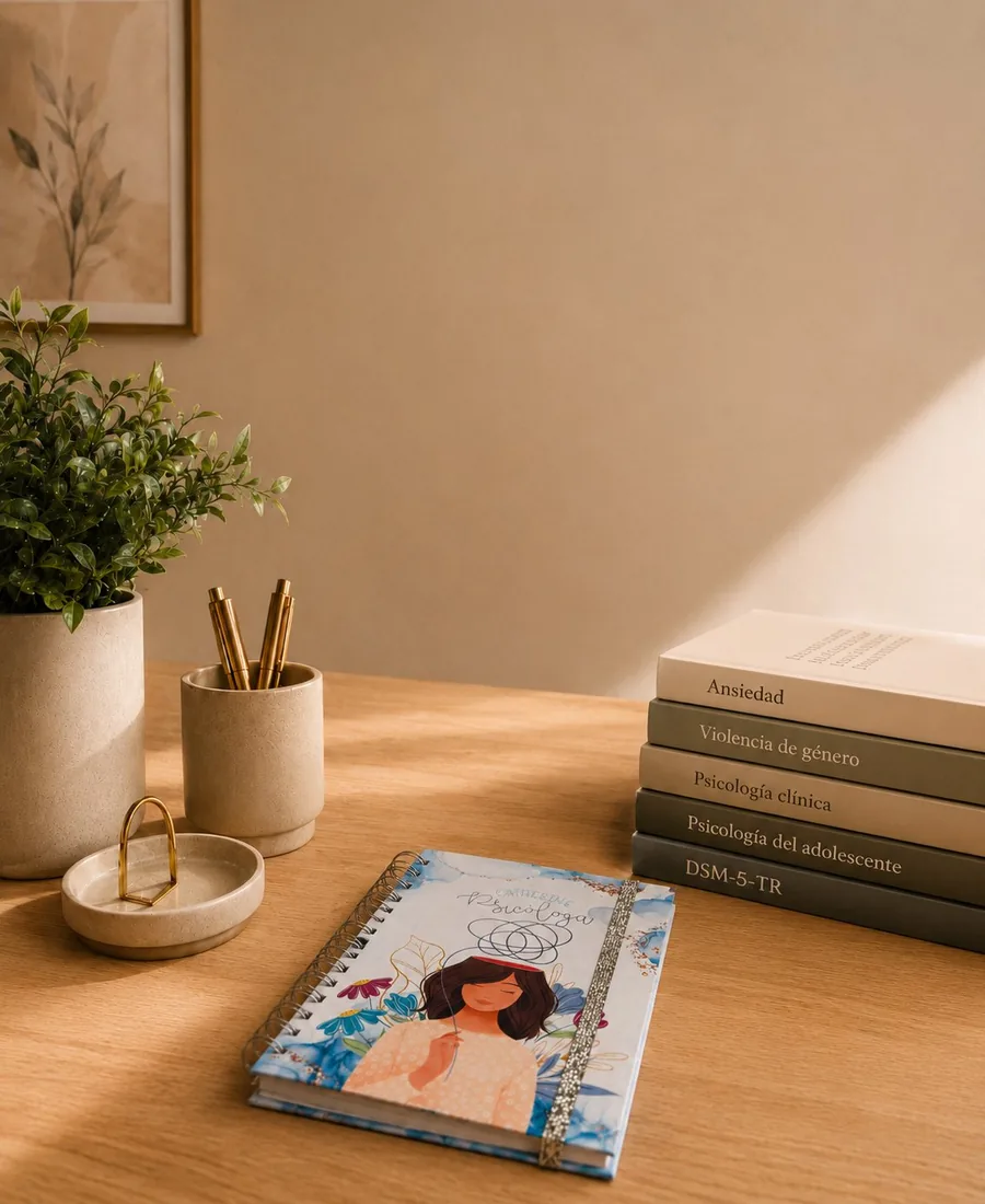 Detalle del escritorio del consultorio: cuaderno personal, libros de Psicología clínica, Psicología del adolescente, DSM-5-TR, Ansiedad y Violencia de género, planta y luz natural